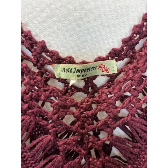 Vivid Importers Crochet Trim Tunic Top Handkerchief Hem Boho Resort Burgundy - Picture 3 of 6